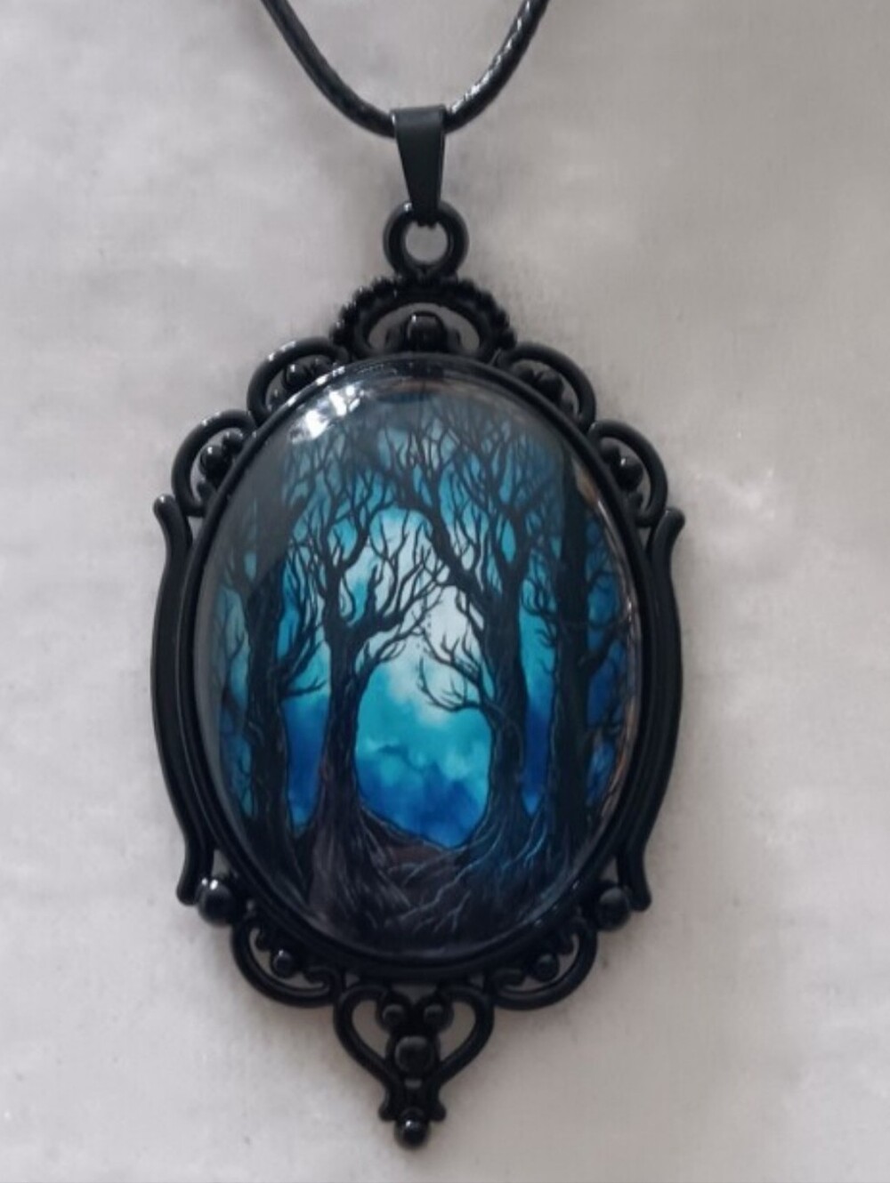 Enchanted Haunted Forest Blue Fantasy Pendant Necklace, Gothic Witchy Fairycore